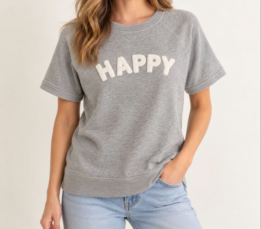 Grayson Threads Gray HAPPY Chenille Short Sleeve Sweatshirt XS NWT